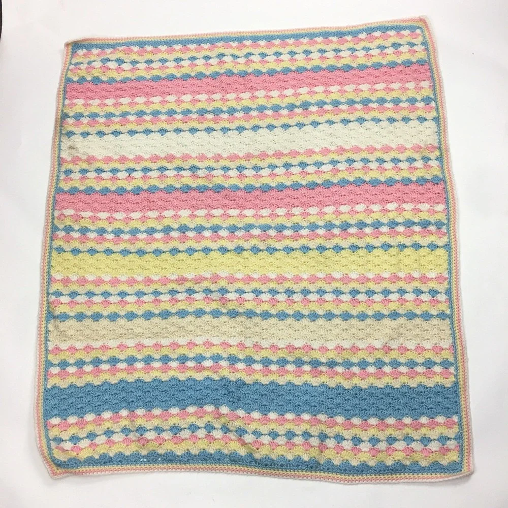Pastel White Yellow Blue Pink Baby Blanket Lap Afghan Crocheted 35‎ x 44 inches